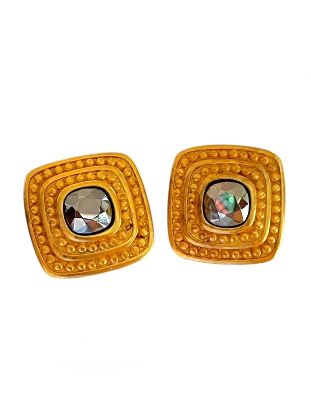 Vintage Carlisle Matte Gold Crystal Cabochon Clip Earrings